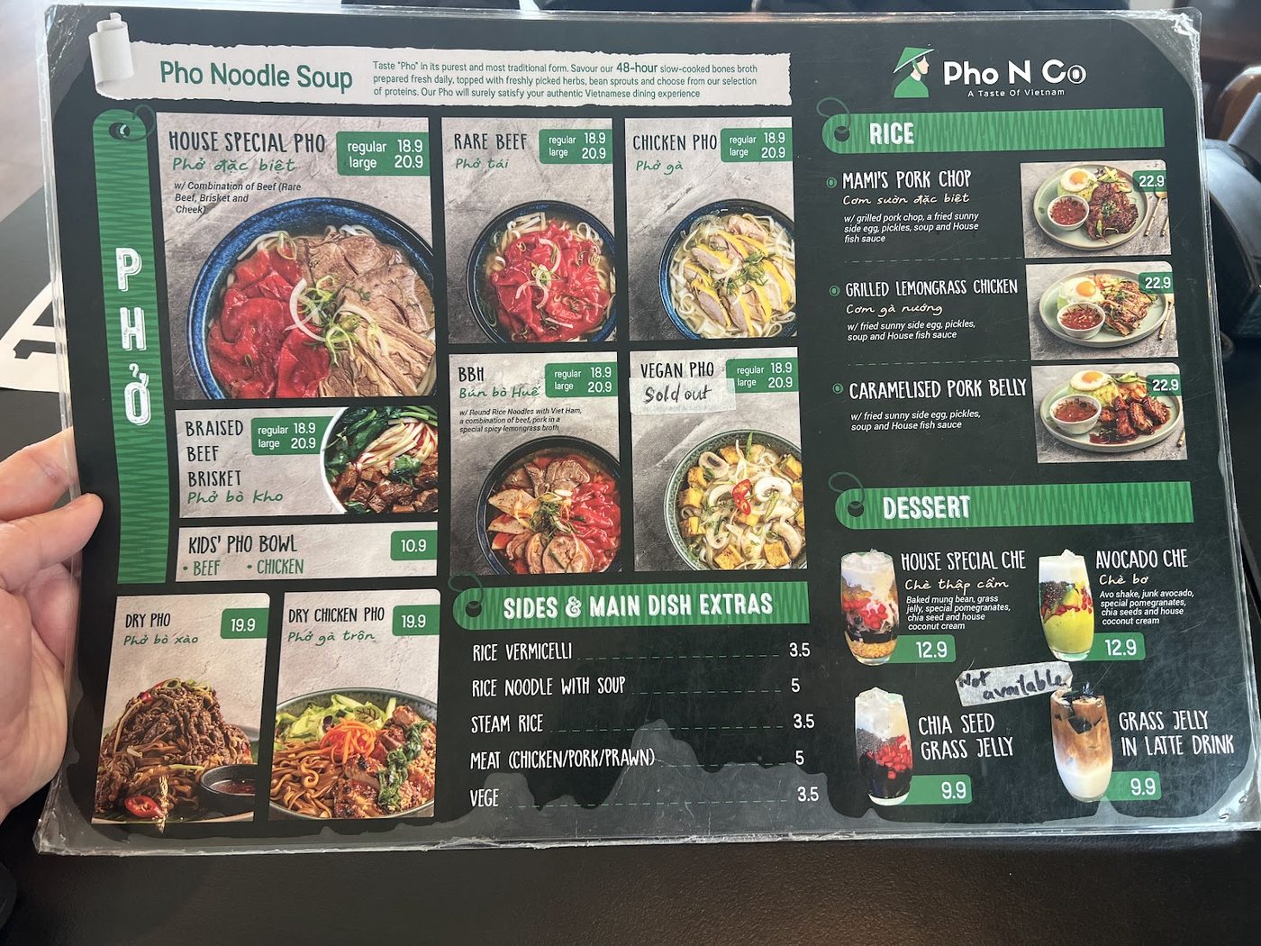 Pho N Co printed menu with pho, rice, sides, desserts and prices